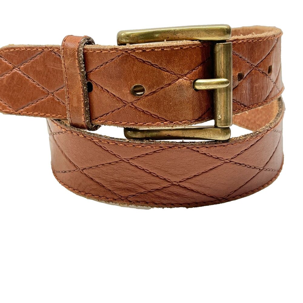 Vtg Tan Brown Leather Belt Mens Womens Size 32 S Quilted Brass Distressed Taiwan